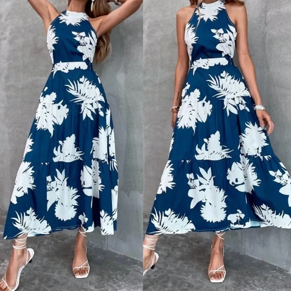 Boho floral plants cutout back ruffle hem dress - Picture 2 of 10